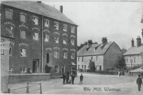 Old black and white photo of Wessex Mill's flour mill in Wantage, Oxford